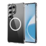 Skaidrus deklas Samsung S938 S25 Ultra Perfectionists Clear Mag ant juodo telefono su iskilusiais kameros objektyvais