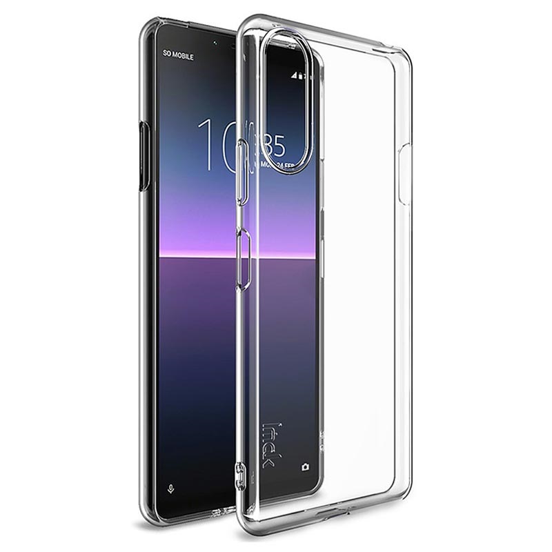 skaidrus dekla sony xperia 10 ii x-level antislip skaidrus dekla sony xperia 10 ii x-level antislip priekinis ir galinis vaizdas su telefonu
