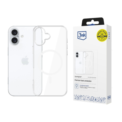 Skaidrus deklas telefonui Apple iPhone 16 Plus 3mk Clear MagCase prie balto telefono ir prekybos dezutes