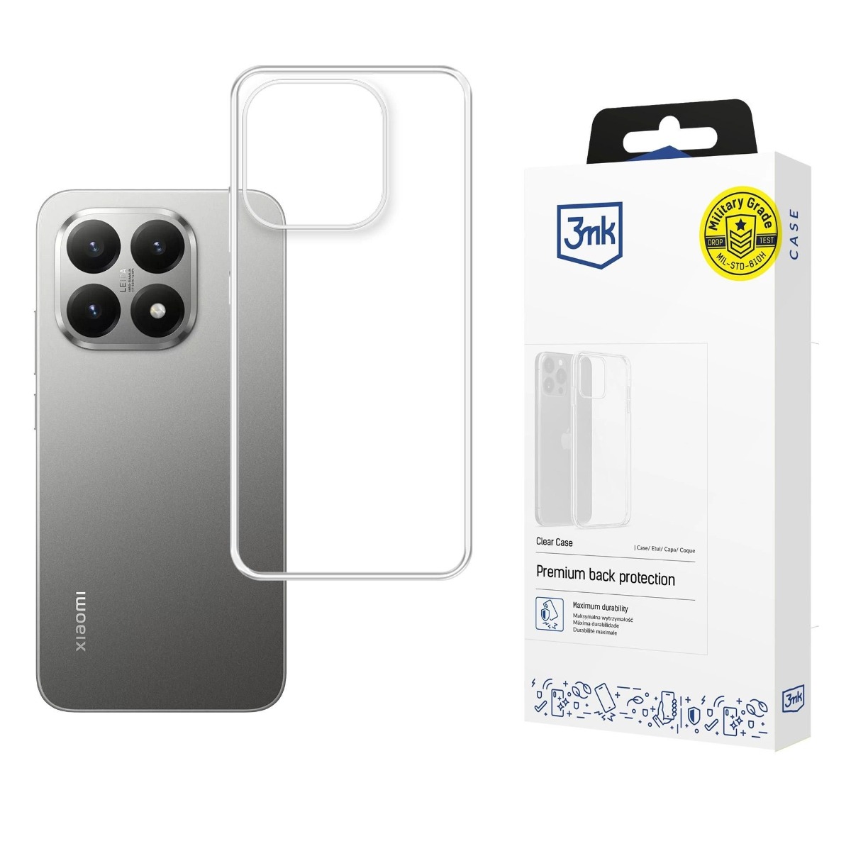 Skaidrus dėklas Xiaomi 15T 3MK 1,2mm Skaidrus dėklas Xiaomi 15T 3MK 1,2mm prie Xiaomi telefono su keturiomis kameromis ir dėklo pakuote.