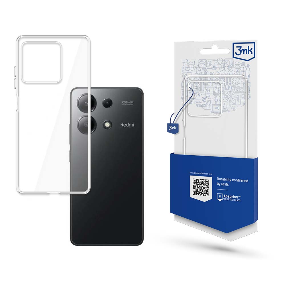 Skaidrus dėklas Xiaomi Redmi Note 13 Pro 4G 3MK 1,2mm Skaidrus deklas Xiaomi Redmi Note 13 Pro 4G 3MK 1,2mm matomas su juodu Redmi telefonu ir pakavimo dezute.