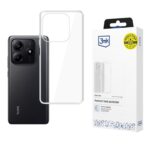 Skaidrus deklas Xiaomi Redmi Note 14 5G 3MK 1,2mm prie juodo telefono ir pakuote