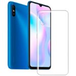 Skaidrus silikoninis dėklas Xiaomi Redmi 9A 9AT High Clear 1.0mm matomas prie mėlyno Xiaomi Redmi 9A telefono