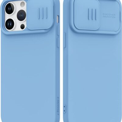 Šviesiai mėlynas silikoninis Nillkin CamShield Silky magnetinis dėklas Apple iPhone 14 Pro Max telefonui su kamera uždengimu