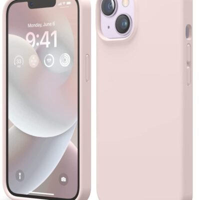 Šviesiai rožinis dėklas Apple Iphone 14 Plus telefonui, matomas iš priekinės ir galinės pusės