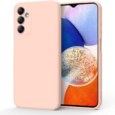 Šviesiai rožinis dėklas Samsung Galaxy A14 5G su apsauga kameroms ir telefono priekis matomas