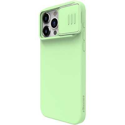 Syviesiai zalias deklas Nillkin CamShield Silky Silicone telefonui Apple iPhone 15 Pro su objektyvo apsauga