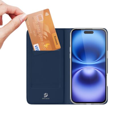 Tamsiai melynas atverciamas deklas Apple iPhone 16 su korteliu kranelioje