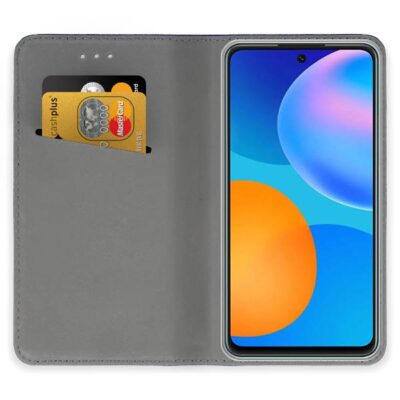 Tamsiai mėlynas atverčiamas dėklas Huawei P Smart 2021 su kortelių lizdais ir laikikliu telefone