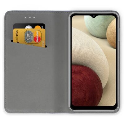 Tamsiai melynas atverciamas deklas Samsung Galaxy A125 A12 su korteliu priezastimi viduje.