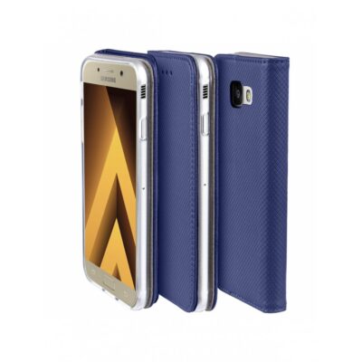 Tamsiai melynas atverciamas deklas Samsung Galaxy A520 A5 2017 Smart Magnet telefone su auksine sone matoma ekrano dalis