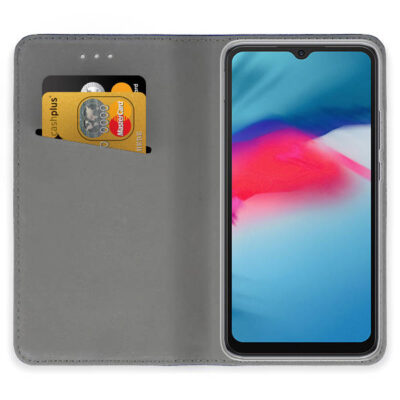 Tamsiai mėlynas atverčiamas dėklas Xiaomi Poco M4 5G su kortelių laikikliu atidarytas