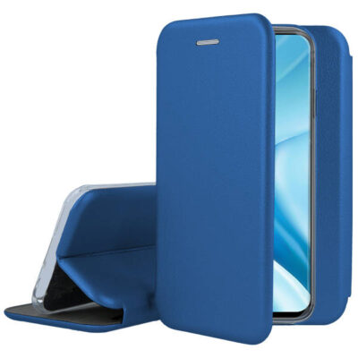 Tamsiai mėlynas atverčiamas dėklas Xiaomi Poco X4 GT telefone su matomu ekranu ir stovas