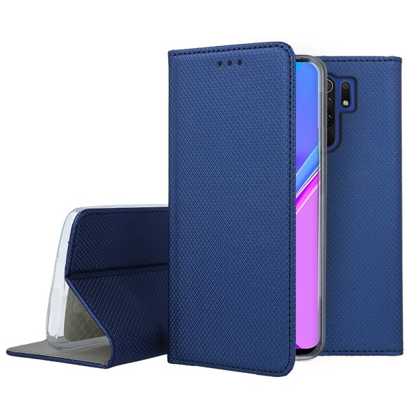 Tamsiai mėlynas atverčiamas dėklas Xiaomi Redmi 9 Smart Magnet Tamsiai mėlynas atverčiamas dėklas Xiaomi Redmi 9 su magnetu atidarytu ir telefono laikikliu