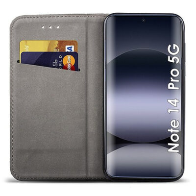 Tamsiai melynas atverciamas deklo Xiaomi Redmi Note 14 Pro 5G isores vaizdas su korteliu kišenėmis