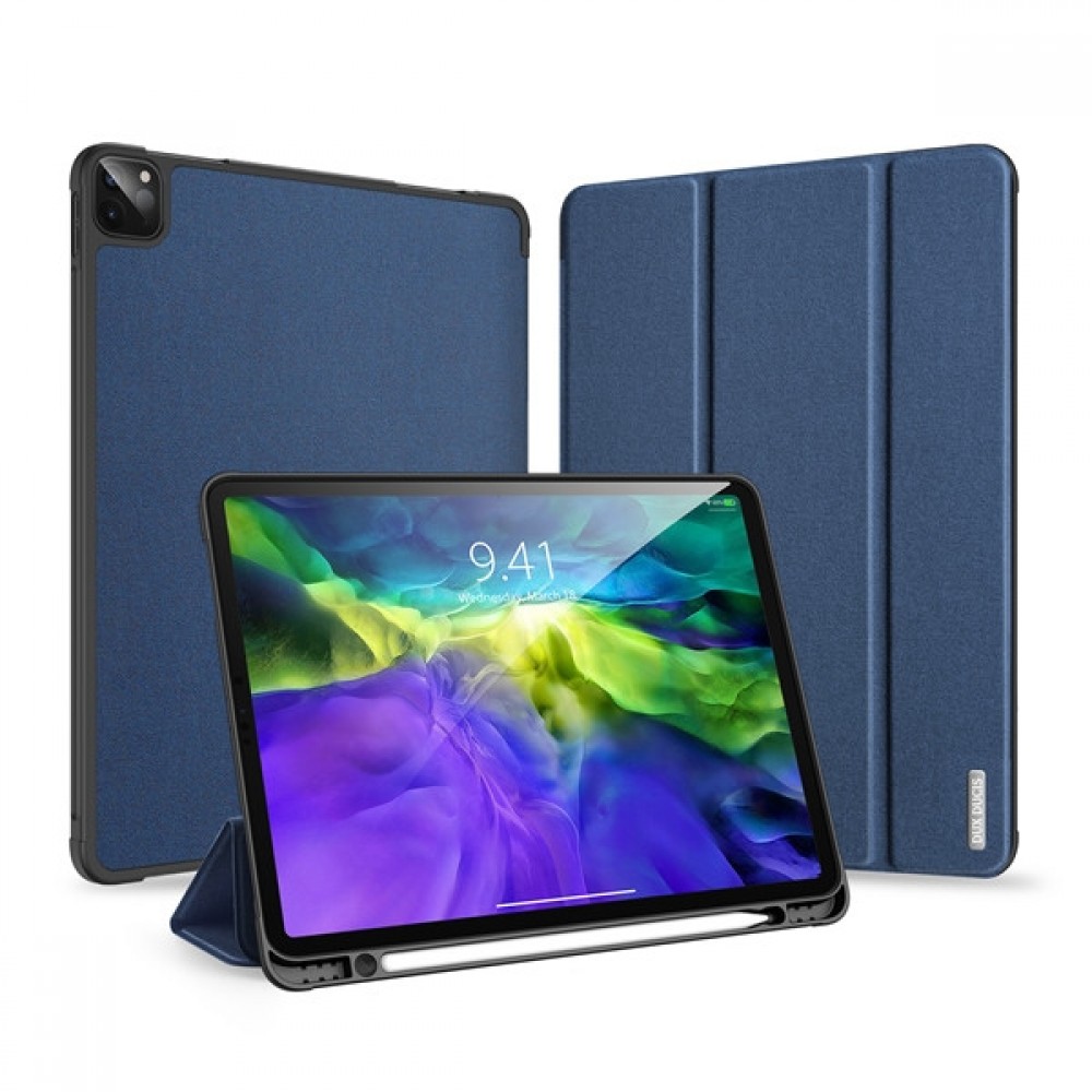 Tamsiai mėlynas dėklas Apple iPad Pro 11 2020 Dux Ducis Domo Tamsiai mėlynas dėklas Apple iPad Pro 11 2020 Dux Ducis Domo, matomas tris puses atidengtas ir pastatytas planšetės laikiklis