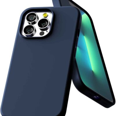 Tamsiai mėlynas dėklas Apple iPhone 13 Pro Max pagamintas iš silikono, apsaugantis telefoną ir išryškinantis kamerą