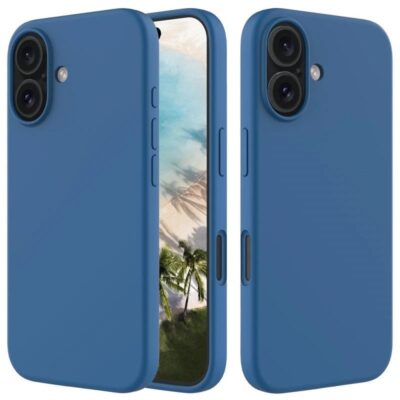 Tamsiai mėlynas silikoninis dėklas Apple iPhone 16 su skaidriu ekrano kraštu
