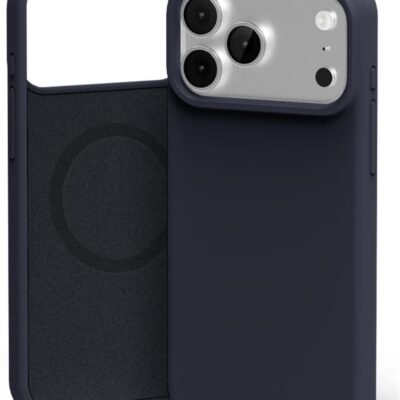 Tamsiai melynas deklas Apple Iphone 17 Pro Mercury Pure Magsafe Silicon is keliu kampu parodytas is priekio ir is vidaus