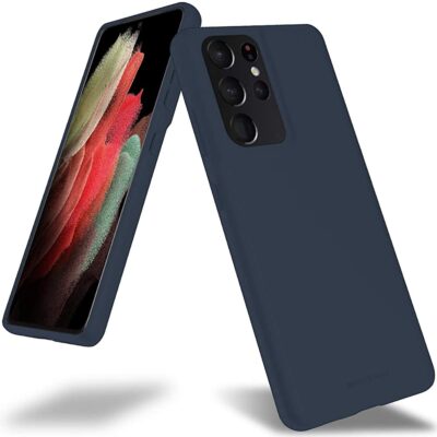 Tamsiai mėlynas dėklas Samsung Galaxy S21 Ultra Mercury Soft su matiniu paviršiumi ir apsauga aplink kameras