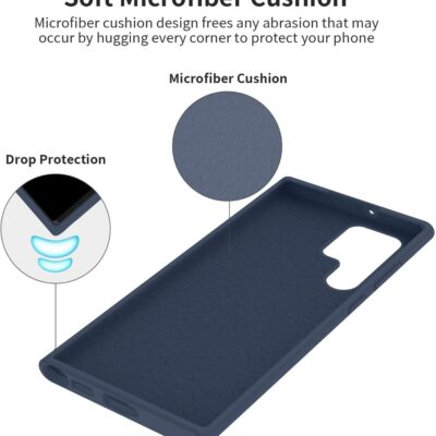 Tamsiai mėlynas dėklas Samsung Galaxy S22 Ultra su mikropluošto pagalvėle viduje ir papildoma kritimo apsauga