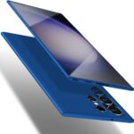 Tamsiai mėlynas dėklas Samsung Galaxy S928 S24 Ultra telefone su matomais kamerų objektyvais