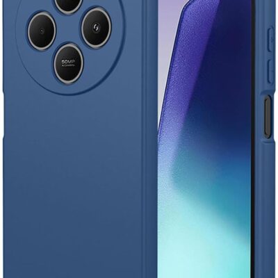 Tamsiai mėlynas dėklas Xiaomi Redmi 14C su apsauga kamerai ir šone matomais mygtukais