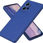 Tamsiai mėlynas silikoninis dėklas Xiaomi Redmi Note 12 telefonu nuo priekio ir nugaros