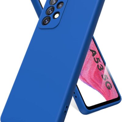 Tamsiai melynas silikoninis dekls Samsung Galaxy A536 A53 5G Liquid Silicone 1.5mm atvaizduojamas is priekio ir galo.