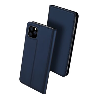 Tamsiai mėlynos spalvos atverčiamas dėklas Apple iPhone 11 Pro Max Dux Ducis Skin Pro, pagamintas iš odos imituojančios medžiagos.