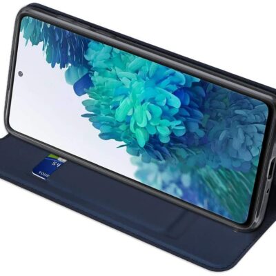 Tamsiai mėlynos spalvos atverčiamas dėklas Samsung Galaxy S20 FE su stovėjimo funkcija