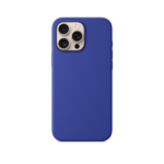 Tamsiai violetinis silikoninis deklas Apple iPhone 14 Pro Max telefonui su apvaliais kampais ir triju kameru anga.