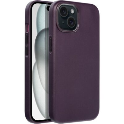Tamsiai violetinis dėklas Apple iPhone 15 Mag Leather su matiniu paviršiumi ir kamerų apsauga