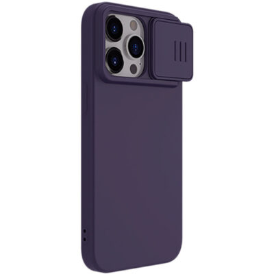 Tamsiai violetinis dėklas Nillkin CamShield Silky Silicone telefonui Apple iPhone 15 Pro Max su kamera apsauga
