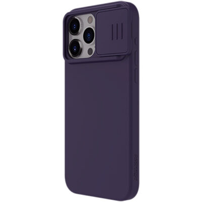 Tamsiai violetinis dėklas Nillkin CamShield Silky Silicone telefonui Apple iPhone 15 Pro su objektyvo apsauga