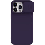 Tamsiai violetinis dėklas Nillkin CamShield Silky Silicone telefonui Apple iPhone 15 Pro su kamera dengiančiu užraktu