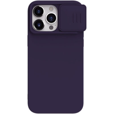 Tamsiai violetinis dėklas Nillkin CamShield Silky Silicone telefonui Apple iPhone 15 Pro su kamera dengiančiu užraktu