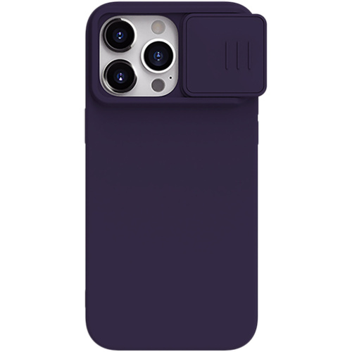 Tamsiai violetinis dėklas Nillkin CamShield Silky Silicone telefonui Apple iPhone 15 Pro Tamsiai violetinis dėklas Nillkin CamShield Silky Silicone telefonui Apple iPhone 15 Pro su kamera dengiančiu užraktu