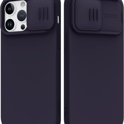 Tamsiai violetinis dėklas Nillkin CamShield Silky Magnetic Silicone telefonui Apple iPhone 14 Pro Max su apsauginiu kameros dangteliu