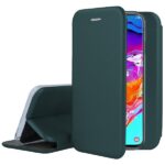 Tamsiai žalias atverčiamas dėklas Samsung A705 A70 Book Elegance priekinės ir dalinai atidarytos padėtyse