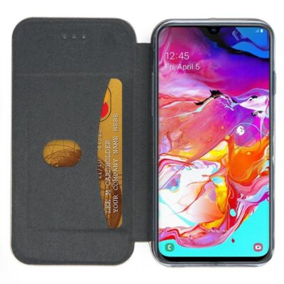 Tamsiai žalias atverčiamas dėklas Samsung A705 A70 su kortelių laikikliu atidarytoje būsenoje