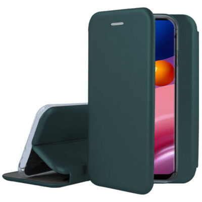 Tamsiai žalias atverčiamas dėklas Samsung Galaxy A136 A13 5G su permatomu telefono laikikliu