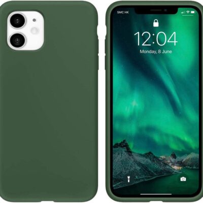 Tamsiai žalias silikoninis dėklas Apple iPhone 11, rodomas iš priekio ir nugarėlės pusės