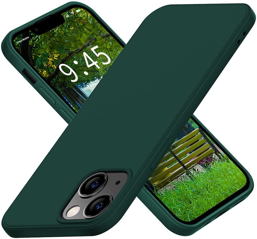 Tamsiai zalias deklas Apple iPhone 14 Mercury Silicone Tamsiai zalias deklas Apple iPhone 14 Mercury Silicone su matine danga ant telefono