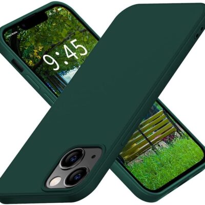 Tamsiai žalias dėklas Apple iPhone 15 Mercury Silicone matomas iš priekio ir nugarėlės