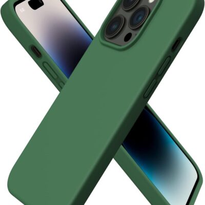 tamsiai zalias deklas apple iphone 15 pro mercury silicone is skirtingu pusių parodytas ant telefono