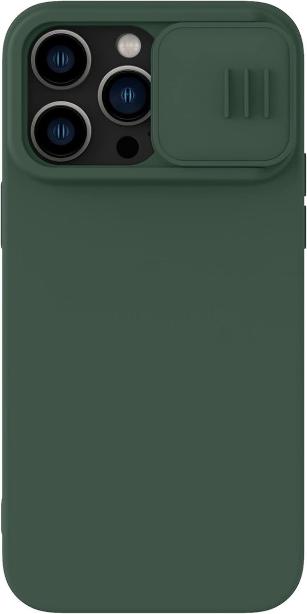 Tamsiai žalias dėklas Nillkin CamShield Silky Magnetic Silicone telefonui Apple iPhone 14 Pro Tamsiai žalias dėklas Nillkin CamShield Silky Magnetic Silicone telefonui Apple iPhone 14 Pro su kameros apsauga