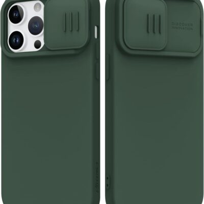 Tamsiai zalias deklas Nillkin CamShield Silky Magnetic Silicone telefonui Apple iPhone 14 Pro Max su objektyvo apsauga