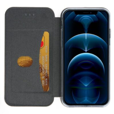 Tamsiai zalios spalvos atverciamas deklo Apple iPhone 12 Pro Max Book Elegance vaizdas su atidaryta dali ir matomu korteliu