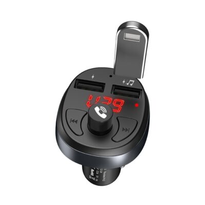 Juodas transmiteris Hoco E41 Bluetooth MP3 grotuvas su raudonu LCD ekranu ir dviem USB lizdais